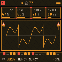 GHOULBOX screen showing the GURDY hurdy-gurdy sound with BUZZ, WHL, DLVL and REL knobs above an orange waveform between two torches